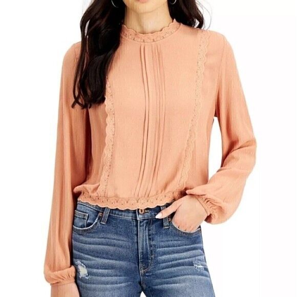 Self Esteem Juniors Pleated Lace Trim Blouse | | Long Sleeve shirt Toasted Nut - Picture 2 of 7